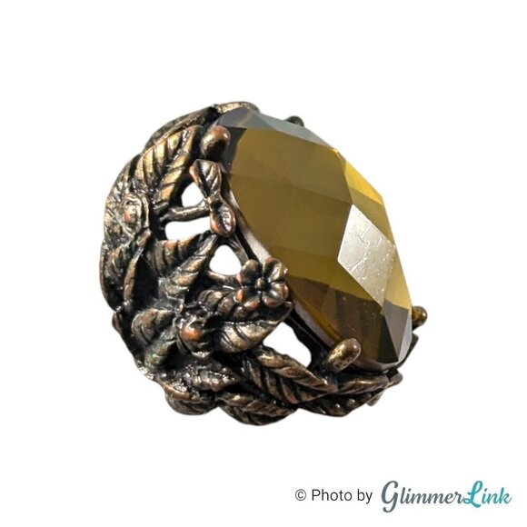 Chunky Nature Themed Faceted Green Acrylic Brass Tone Statement Ring Sz 4 - Picture 2 of 11